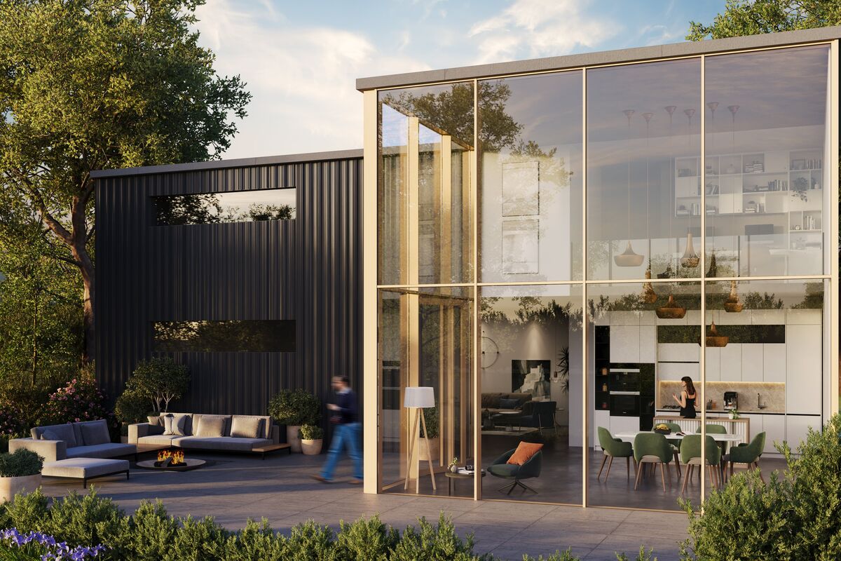 Rendu architectural d’une maison privée moderne avec des façades en verre du sol au plafond.