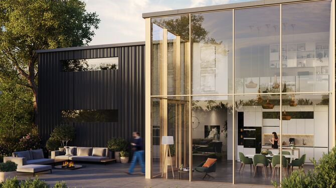 Rendu architectural d’une maison privée moderne avec des façades en verre du sol au plafond.